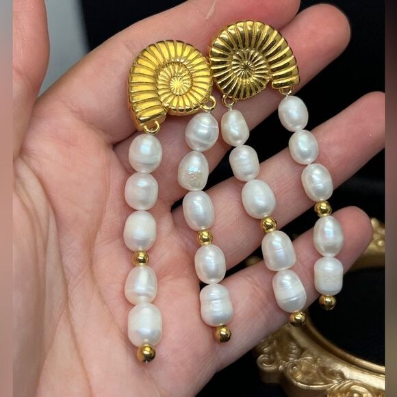 Gold Plated Stainless Steel Nautilus Pearl Drop Earring - Picture 9 of 14